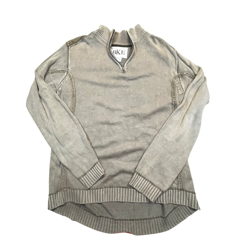 BKE Mens Quarter Zip Sweater Tan Ramie Cotton Corduroy Patch Mock Neck Medium